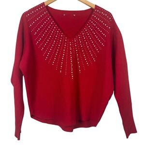 Sioni Womens Sweater Large Red Embellished Knit VNeck Pearls Rhinestones Festive